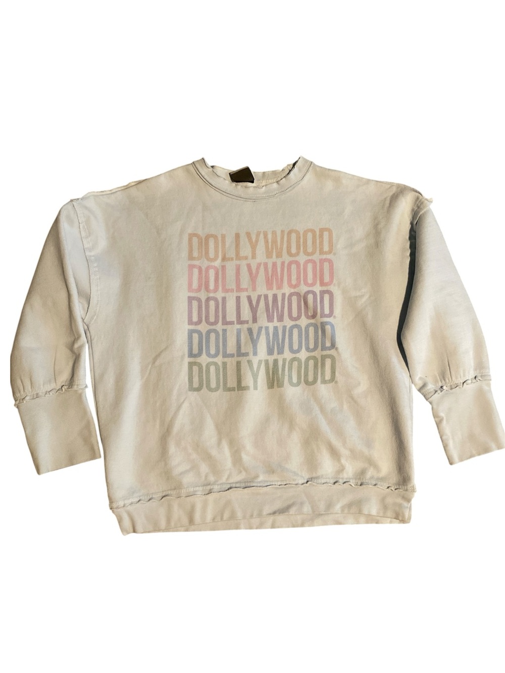 Dollywood Logo Crewneck Sweatshirt in Faded Pastels w/raw hems